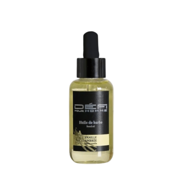 Un flacon transparent Défi Pour Homme Huile de barbe parfumée-Vanille Ambrée de 50 ml avec un bouchon compte-gouttes noir et une étiquette portant « Huile de barbe, Vanille Ambrée » et un motif vanille. L’huile à barbe nourrissante parfaite pour les hommes.