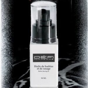 Un flacon d'Huile de confort visage & barbe-Défi pour Homme, d'une capacité de 50 ml, est présenté dans un design noir et blanc élégant et dispose d'un distributeur à pompe pratique pour une application facile.