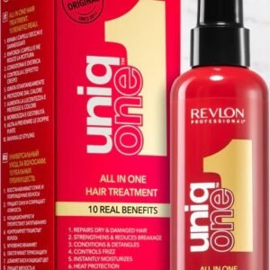 Un flacon rouge de Soin capillaire UniqOne™ Parfum classique de Revlon accompagné de sa boîte assortie. L'emballage met en avant « 10 bienfaits réels » et énumère des fonctionnalités telles que la réparation des cheveux abîmés et la protection contre la chaleur.