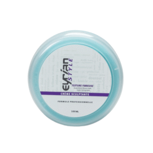 Un contenant de 100 ml à couvercle bleu de crème coiffante Crème Sculptante - Eyrian, étiqueté « Texture Fibreuse » et « Formule Professionnelle », pour un look naturel.