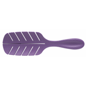 La Brosse Biofriendly-Mauve est une brosse à cheveux démêlante violette en forme de feuille avec de larges fentes et un manche texturé, présentée sur un fond blanc.