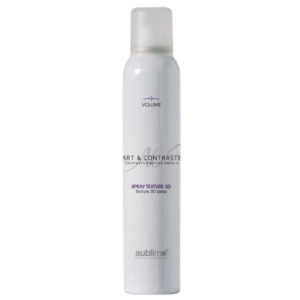 Un aérosol blanc et minimaliste de 200 ml étiqueté « Spray Texture 3D Art & Contraste » de Sublimo présente un capuchon gris et un texte simple, idéal pour ajouter du volume et de la texture aux cheveux.