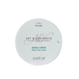 Un flacon rond blanc de Bubble crème 75 ml – Art & Contraste by Sublimo vu de dessus, avec le logo et les détails du produit gris et turquoise sur le couvercle. Pour en savoir plus, rendez-vous sur bubble-creme-volume-sublimo.