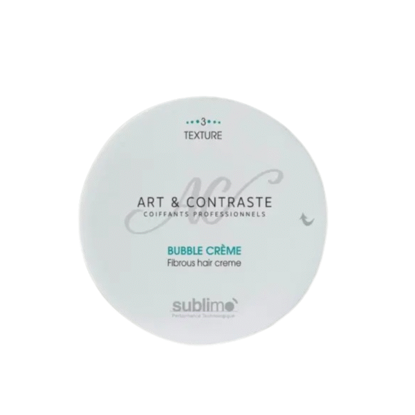 Un flacon rond blanc de Bubble crème 75 ml – Art & Contraste by Sublimo vu de dessus, avec le logo et les détails du produit gris et turquoise sur le couvercle. Pour en savoir plus, rendez-vous sur bubble-creme-volume-sublimo.