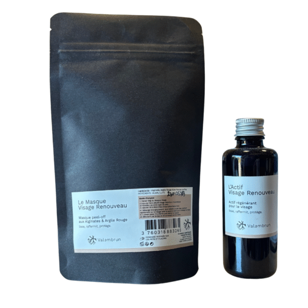 Une pochette noire refermable étiquetée « Masque Peel Off Renouveau (3) 70G - Saly Cosmétiques » présente une étiquette blanche minimaliste avec la marque Valambrun.
