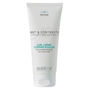 Un tube blanc de Curl Crème Coiffant Boucles - Sublimo - Art et Contraste, une crème pour coiffer les cheveux bouclés, avec un texte minimaliste bleu sarcelle et gris sur le devant.