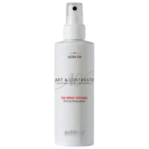 Flacon blanc Fix Spray Strong Sublimo - Art et Contraste avec embout spray, comportant les inscriptions "Ultra Fix" et "Spray fixation haute tenue" en noir et rouge sur le devant.