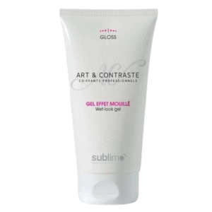 Un tube blanc de Gel Effet Mouillé Sublimo - Art et Contraste, doté d'un bouchon blanc et d'un texte noir et rose sur le devant, est parfait pour obtenir un style effet mouillé longue durée.