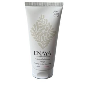 Un tube blanc de 75 ml de Caresse Exfoliante Visage-Enaya, orné d'un motif botanique beige clair et d'un texte noir, est posé debout sur fond blanc. Profitez d'une exfoliation douce avec ce gommage visage.