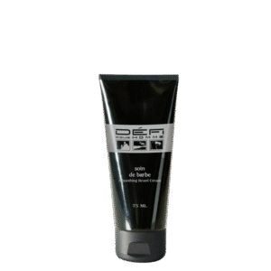 Un tube noir de Soin de Barbe-soft beard-Barbe-Défi pour Homme-75ML avec un texte argenté et blanc, étiqueté comme un baume barbe adoucissant homme, se tient debout sur un fond uni.