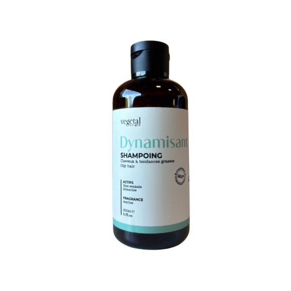 Un flacon marron de 200 ml de Shampoing Dynamisant – Cheveux Gras, avec une étiquette bleu clair et blanche, un bouchon noir et les informations produit, se détache sur un fond blanc uni. Ce shampoing est conçu pour les cheveux gras.