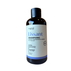 Shampoing Lissant – Cheveux Indisciplinés-200 Ml : un flacon de 200 ml au bouchon noir pour cheveux indisciplinés, avec une étiquette blanche et violette comportant les détails du produit en français.