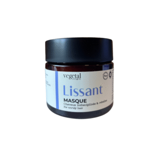 Un pot marron avec un couvercle noir portant l'inscription « Masque Lissant – Cheveux Indisciplinés 200 ML » pour cheveux rebelles, avec des inscriptions en français et en anglais sur une étiquette blanche et bleue. Ce masque lissant définit également les boucles naturelles.
