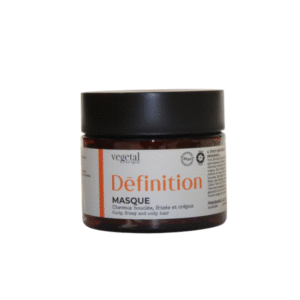 Un pot brun de 200 ml de Masque Définition – Cheveux Bouclés avec un couvercle noir et une étiquette bilingue, idéal pour définir les boucles naturelles, les cheveux crépus et frisés.
