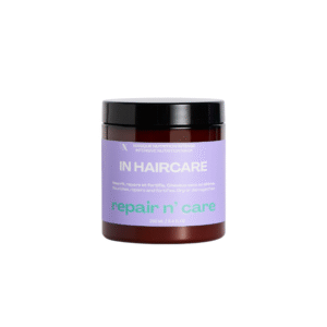 Masque Repair n' Care - 250 ml - In Hair Care est un masque nourrissant intensif présenté dans un pot marron avec couvercle noir, conçu pour nourrir et réparer les cheveux secs ou abîmés. Contient 250 ml (8,4 oz liq.).