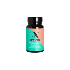 Un flacon en plastique foncé avec un bouchon noir et une étiquette bleu sarcelle-corail indiquant « Gélules - Cure pousse de cheveux - In Hair Care » contient 60 capsules pour la croissance et le volume des cheveux.