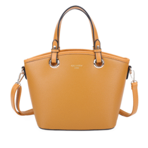 Le Sac à main bandoulière-Beige est un sac bicolore en cuir fauve avec deux anses courtes, des anneaux argentés et une longue bandoulière amovible. La mention "GALLANTRY PARIS" est imprimée en or sur le devant.