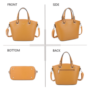 Sac à main bandoulière-Beige présenté sur le devant, le côté, le bas et le dos. Deux anses, une bandoulière amovible, des pieds en métal et une poche arrière zippée.