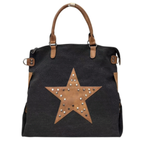 Le Sac toile bi-matière avec clous - Noir est un sac fourre-tout noir chic avec des anses marron et une grande étoile marron sur le devant, agrémentée de clous argentés.