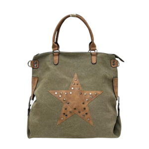 Sac à main toile bi-matière kaki avec poignées en cuir marron, orné d'une grande étoile centrale cloutée. Inspiré du sac bandoulière rond en paille, il possède des finitions métalliques et une fermeture zippée sécurisée.