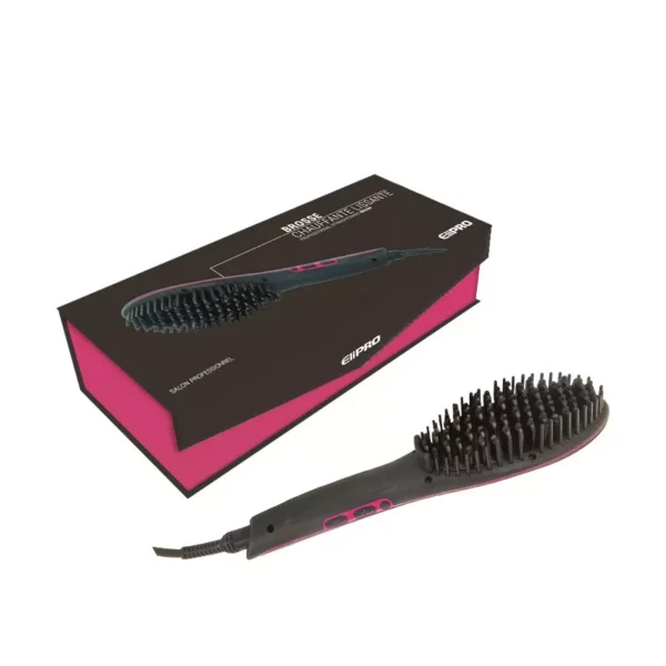 Une "Brosse chauffante lissante cheveux" noire et rose est présentée devant sa boîte assortie, qui comporte une image de la brosse et le nom de la marque "EIPRO".