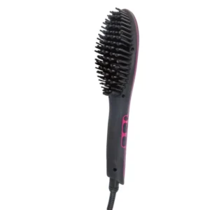 La Brosse chauffante lissante cheveux est une brosse électrique noire à contour rose, équipée de boutons de commande sur le manche et de poils sur la tête de la brosse.