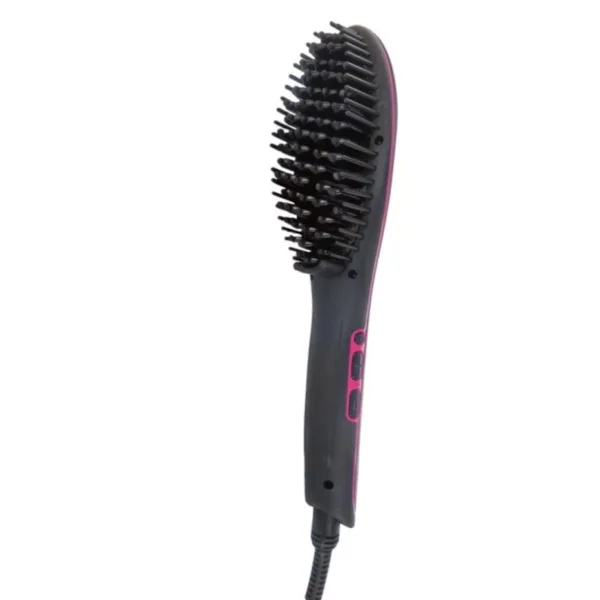 La Brosse chauffante lissante cheveux est une brosse électrique noire à contour rose, équipée de boutons de commande sur le manche et de poils sur la tête de la brosse.