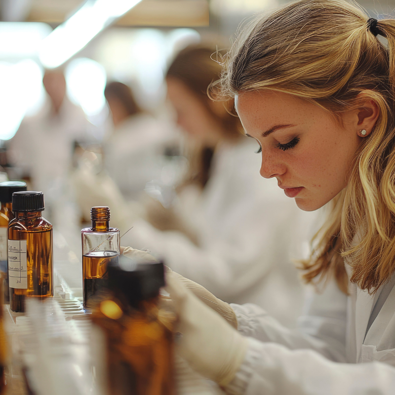 A propos de Hair Passion : Une jeune femme en blouse blanche et gants examine une fiole de verre dans un laboratoire, avec des flacons de verre brun alignés sur la table et d'autres personnes travaillant à l'arrière-plan.