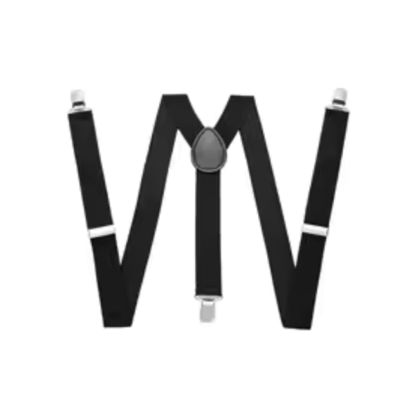 Bretelles hautes élastiques noires, réglables et dotées de 3 clips solides, disposées à plat en forme de "M" sur fond blanc.