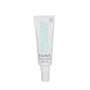 Le tube blanc de Fluide hydra-équilibrant visage peau mixte-Enaya est orné d'un motif botanique bleu clair, d'un distributeur à pompe et de détails - idéal pour l'hydratation équilibrée et l'éclat des peaux mixtes.