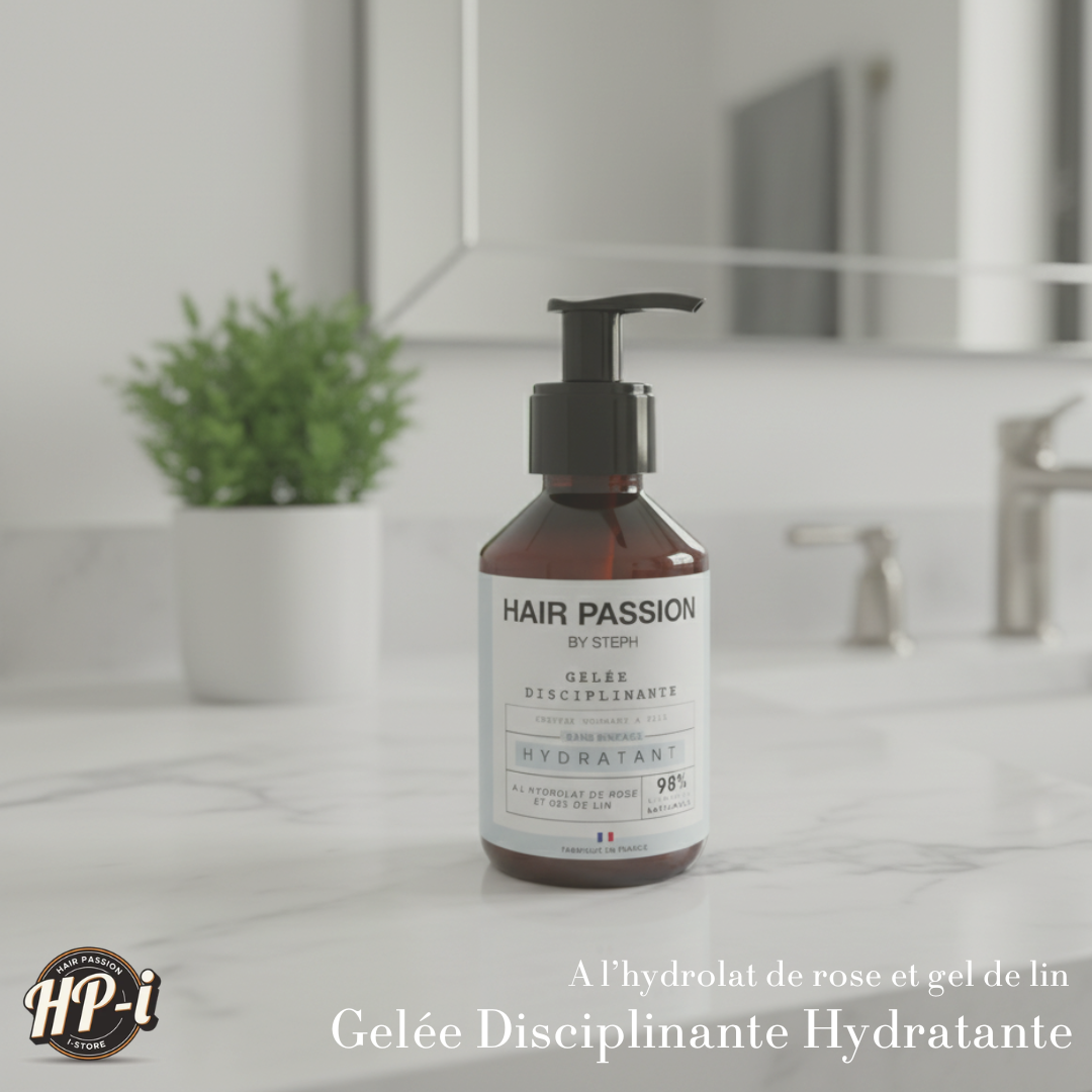 Un flacon de Gelée disciplinante-hydratante-Hair Passion by Steph-150ml repose sur le comptoir d'une salle de bains blanche, avec un robinet et un miroir derrière lui. Son étiquette met en valeur l'eau de rose et le gel de graines de lin, idéal pour hydrater les cheveux frisés.