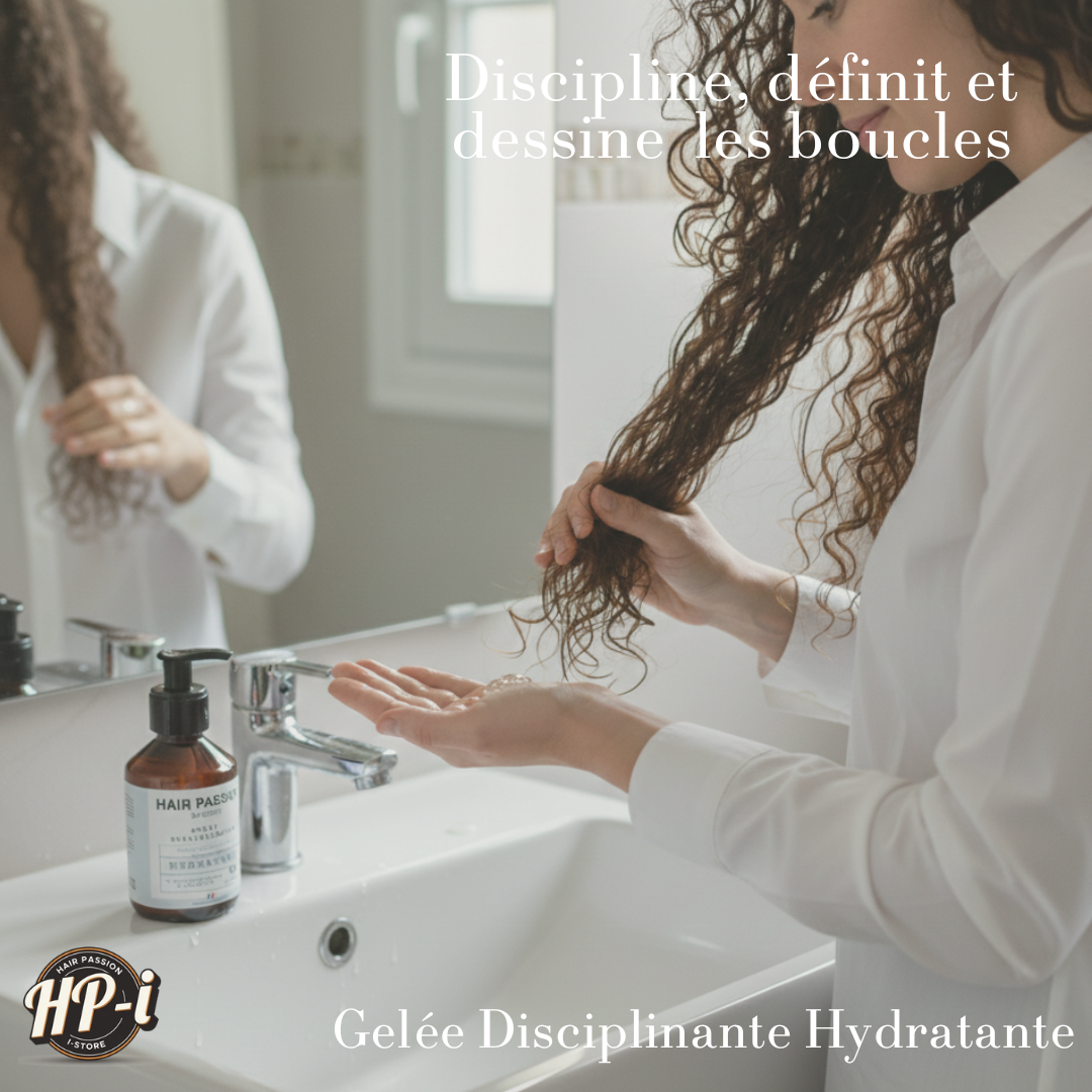 Une femme en chemise blanche applique Gelée disciplinante-hydratante-Hair Passion by Steph-150ml sur ses cheveux bouclés près du lavabo de la salle de bains, avec le flacon à côté d'elle et un texte en français décrivant ses bienfaits hydratants et définissant les boucles.