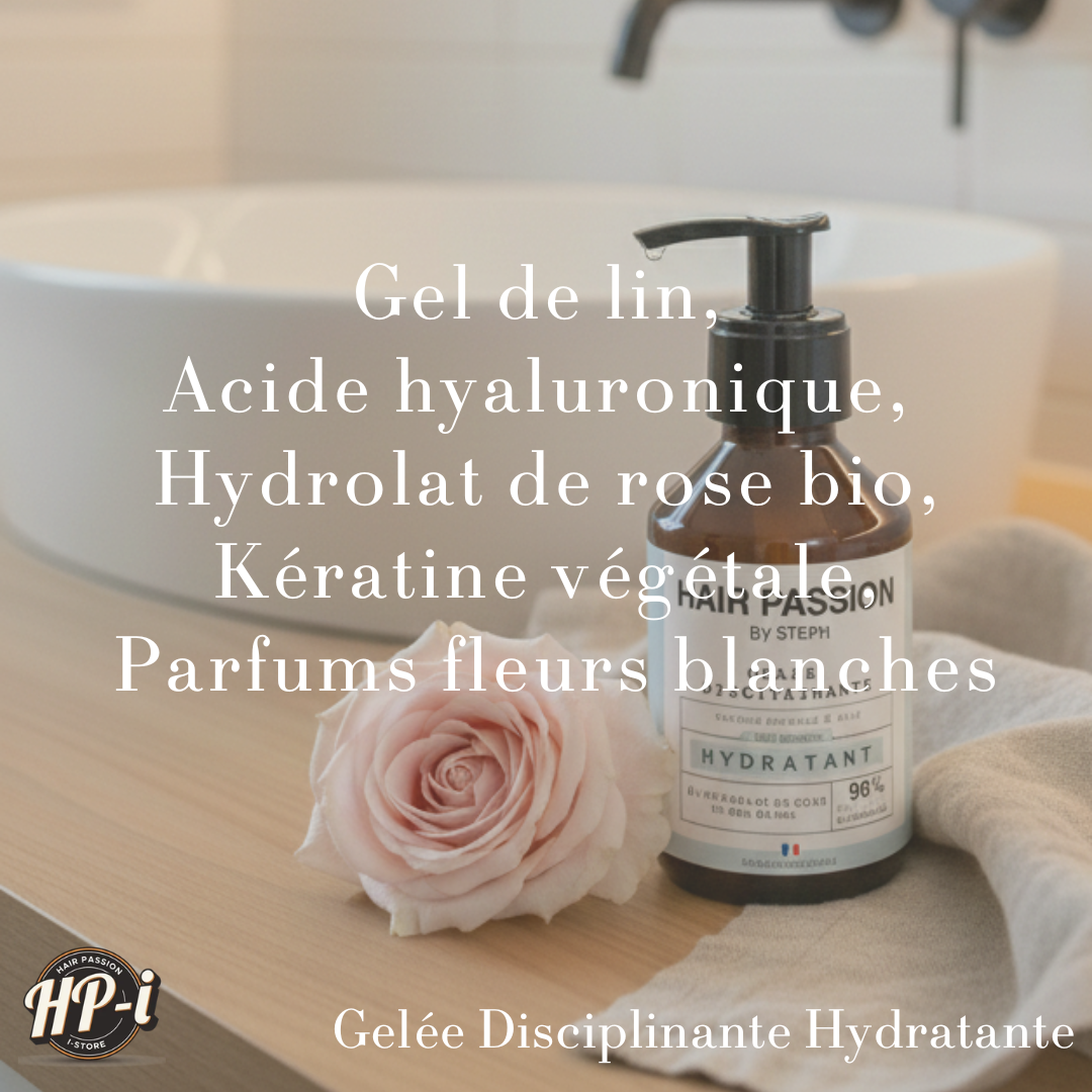 Un flacon de Gelée disciplinante-hydratante-Hair Passion by Steph-150ml repose sur un lavabo de salle de bain avec une rose rose, des serviettes et un robinet. Un texte en français met en avant ses ingrédients naturels pour cheveux frisés, créant une scène élégante et sereine.