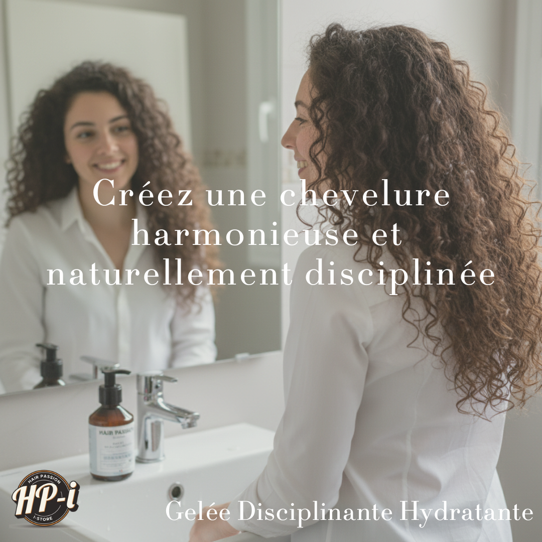 Une femme aux cheveux frisés sourit à son reflet dans le miroir de la salle de bains. Sur le lavabo, Gelée disciplinante-hydratante-Hair Passion by Steph-150ml, un texte en français met en avant sa discipline naturelle et harmonieuse pour les cheveux frisés.