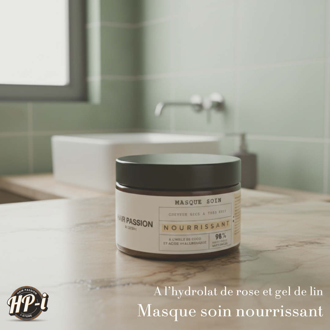 Un pot de Masque soin nourrissant-Hair Passion by Steph-250 ml repose sur le comptoir vert d'une salle de bains, dont l'étiquette indique de l'eau de rose, du gel de graines de lin et 98 % d'ingrédients naturels, avec un lavabo et un miroir derrière lui.