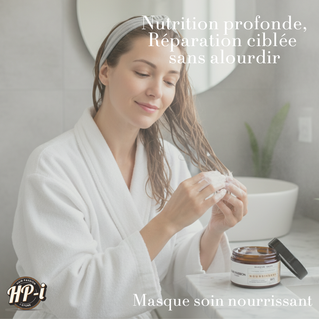Une femme en peignoir blanc applique Masque soin nourrissant-Hair Passion by Steph-250 ml sur ses cheveux mouillés dans la salle de bains, avec le pot de produit à côté d'elle. Les textes en français mettent l'accent sur la nutrition en profondeur et la réparation ciblée des cheveux abîmés.