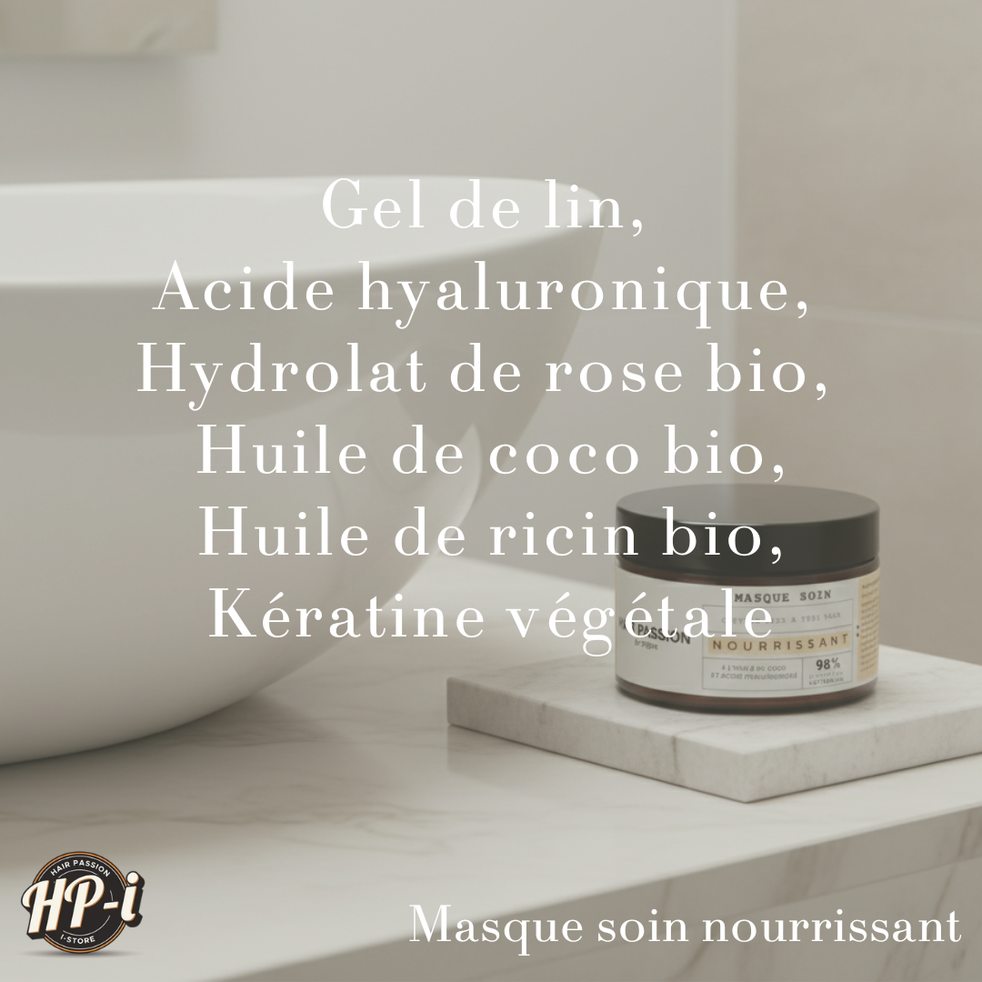 Un pot de Masque soin nourrissant-Hair Passion by Steph (250 ml) est posé sur le comptoir en marbre d'une salle de bains, près d'un lavabo blanc. Les ingrédients comprennent du gel de lin, de l'acide hyaluronique, de l'eau de rose, de l'huile de coco biologique, de l'huile de ricin et de la kératine d'origine végétale.