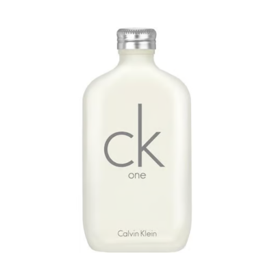 Eau de Toilette Calvin Klein - CK ONE, 200ml, présentée dans un flacon rectangulaire blanc givré minimaliste avec des bords arrondis, un bouchon argenté, et "ck one" en minuscules.
