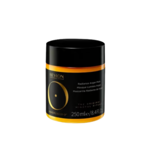Un pot noir et or de Masque capillaire illuminateur Orofluido Radiance Argan-REVLON, 250 ml, est présenté sur un fond blanc.