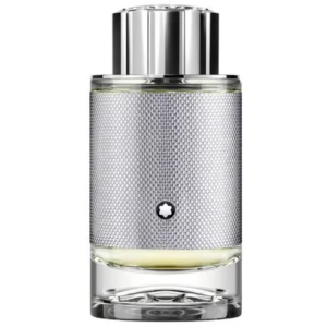 Un flacon de parfum en verre transparent avec un manchon argenté texturé et un bouchon rond brillant, faisant écho au style luxueux du Masque capillaire lissant Goldwell Dualsenses Just Smooth-200Ml, accentué par un petit logo étoilé noir et blanc sur le devant.