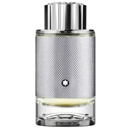 Un flacon de parfum en verre transparent avec un manchon argenté texturé et un bouchon rond brillant, faisant écho au style luxueux du Masque capillaire lissant Goldwell Dualsenses Just Smooth-200Ml, accentué par un petit logo étoilé noir et blanc sur le devant.