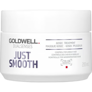 Un pot blanc de 200 ml de Masque capillaire lissant Goldwell Dualsenses Just Smooth-200 ml pour la protection de la couleur et le lissage des cheveux indisciplinés, avec une étiquette en noir, violet et rouge.