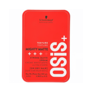 Boîte rectangulaire rouge de Schwarzkopf Professional Osis+ Crème Coiffante Mate Puissante, avec un texte blanc et or indiquant le nom et la taille du produit, 100 ml (3.38 fl. oz.).