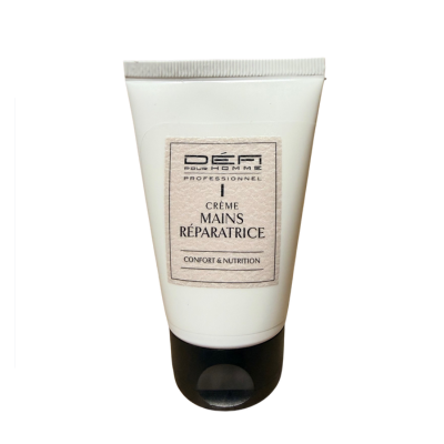 Le tube blanc de Crème mains réparatrice confort nutrition Défi pour Homme 50ML est muni d'un bouchon noir et d'une étiquette beige sur le devant.