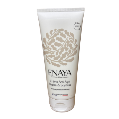 Un tube blanc de Crème visage anti-âge légère & soyeuse ENAYA 40ml, avec un motif floral beige, un texte en français, et mettant en valeur ses propriétés anti-âge et nourrissantes légères et soyeuses.