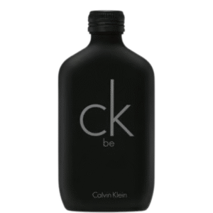 Un flacon d'eau de toilette Calvin Klein Be noir mat de 200 ml avec un bouchon à vis et un texte blanc minimaliste, sur fond blanc.