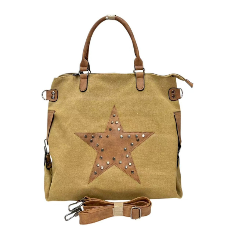 Sac toile bi-matière avec clous -Caramel