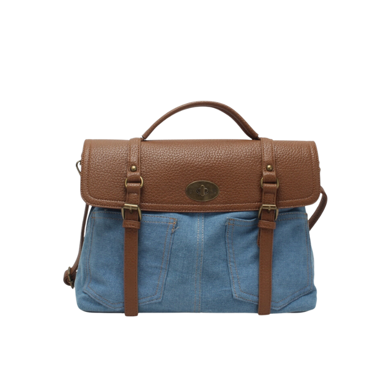 Sac bandoulière bi-matière jean – Fermoir doré
