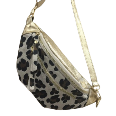 Sac banane cuir véritable léopard irisé clair